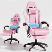 Mr IRONSTONE Ergonomic Gaming Chair with Massage Lumbar Support and Footrest, Heavy Duty 400lbs Computer Chair for Adults, Pink/White