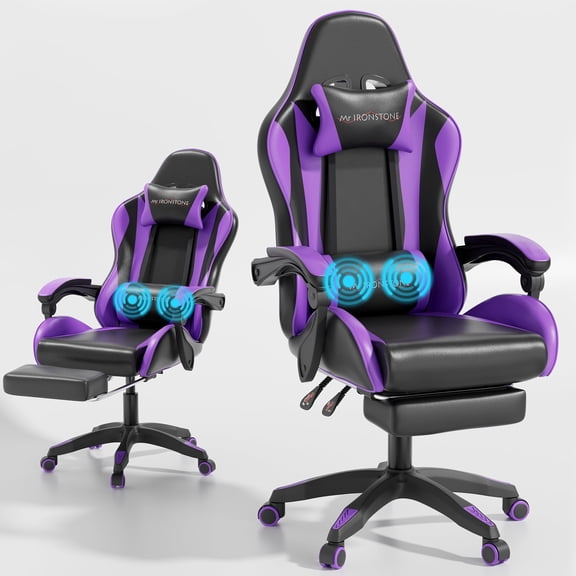 Mr IRONSTONE Ergonomic Gaming Chair with Massage Lumbar Support and Footrest, Heavy Duty 400lbs Computer Chair for Adults, Purple/Black