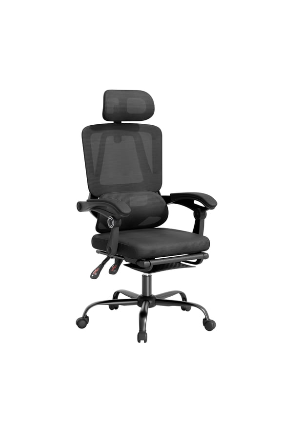 Ergonomic Office Chair with Footrest, High Back Mesh Computer Chair with Floating Lumbar Support and 2D Headrest, 135 Degree Reclining Desk Chair, Black