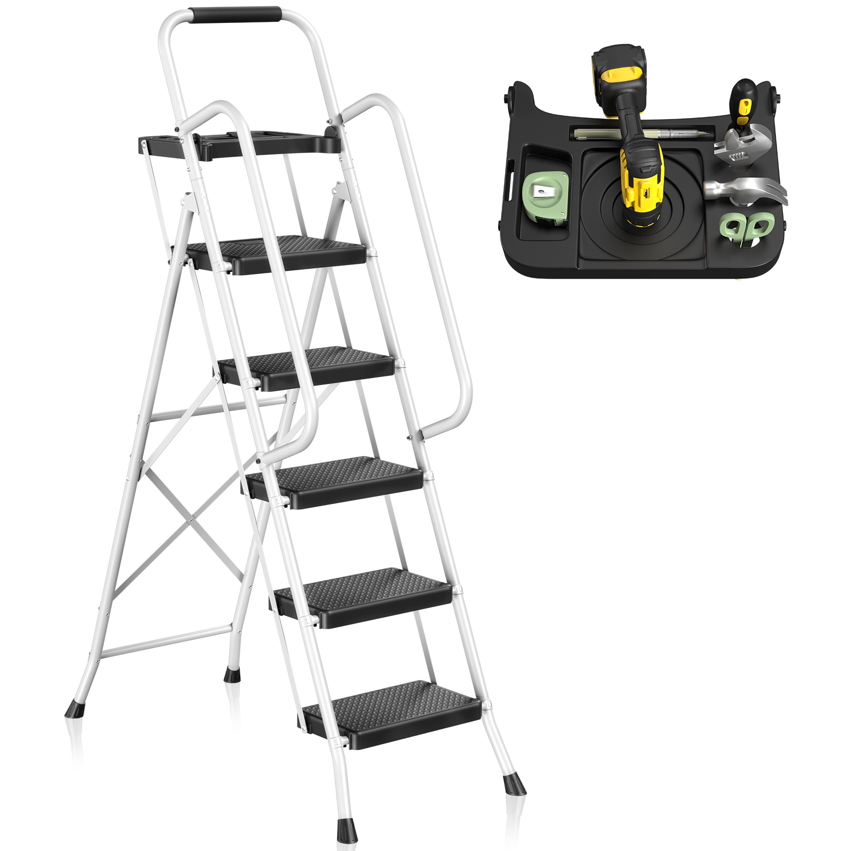 Mr IRONSTONE Folding 5 Step Ladder – Handrails & Tool Tray