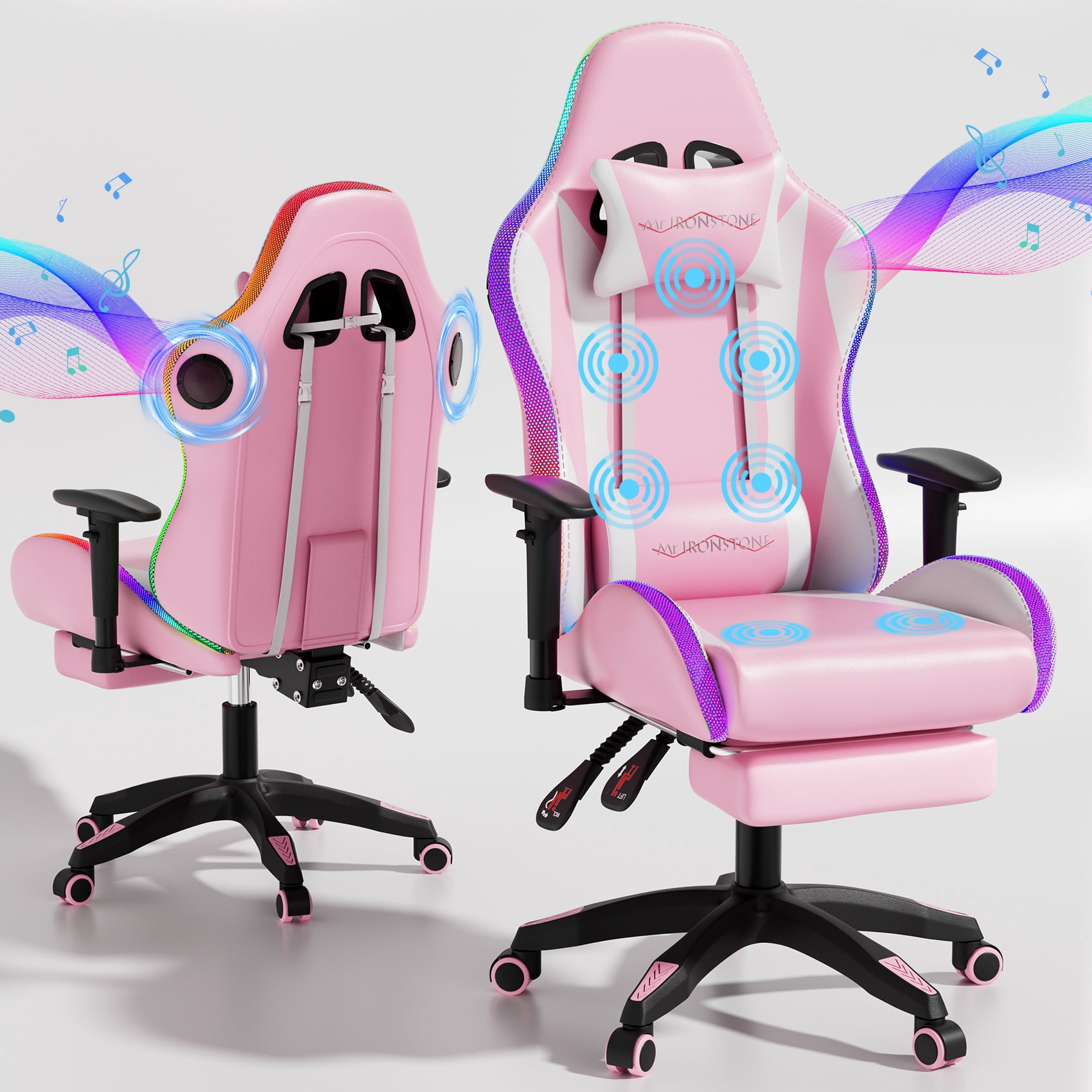 Mr IRONSTONE Gaming Chair for Adults, 7 Point Massage Computer Chair with Bluetooth Speakers RGB, Heavy Duty 400lbs Ergonomic PC Chair with 3D Armrests Footrest, Pink/White