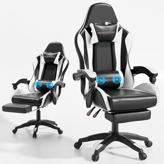 Mr IRONSTONE Gaming Chair, Computer Chair with Massage Lumbar Support and Footrest Height Adjustable, Game Chair with 360°-Swivel Seat and Headrest, for Office or Gaming, Black/White