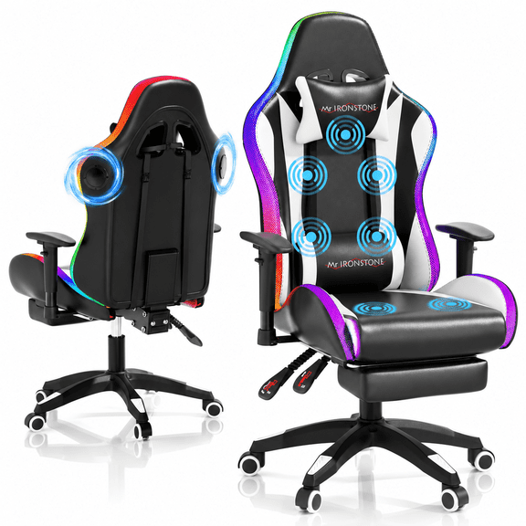 Mr IRONSTONE RGB Gaming Chair with Bluetooth Speakers, Ergonomic 7-Point Massage Computer Chair with Footrest, White/Black