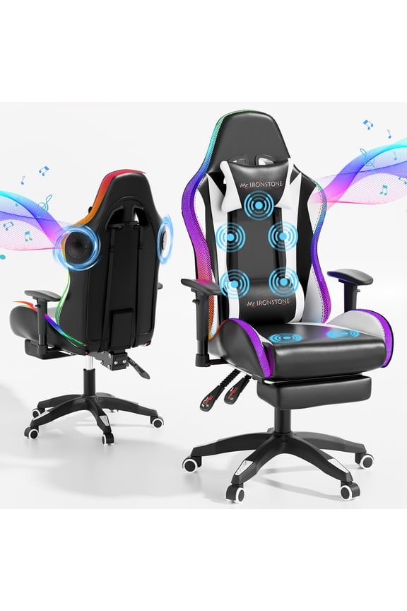 Gaming Chair for Adults, 7 Point Massage Computer Chair with Bluetooth Speakers RGB, Heavy Duty 400lbs Ergonomic PC Chair with 3D Armrests Footrest, Black/White