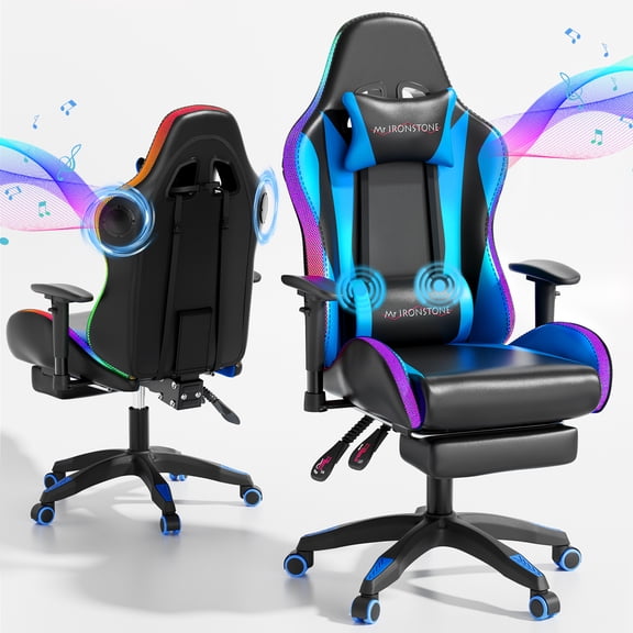 Mr IRONSTONE Gaming Chair with Bluetooth Speakers and RGB LED Lights, Ergonomic Massage Computer Chair with 3D Armrests and Footrest, Blue/Black