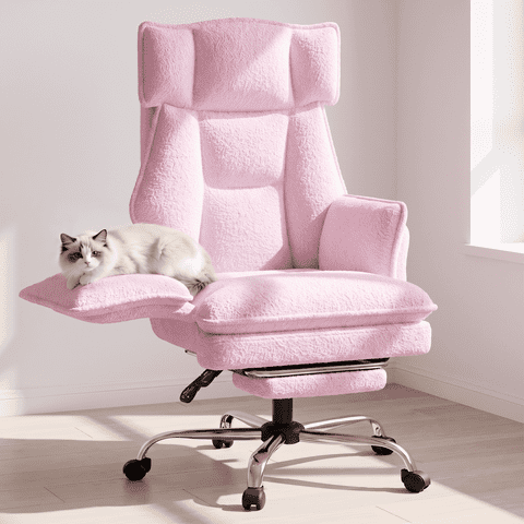 Mr IRONSTONE High Back Reclining Office Chair, Plush Teddy Fabric Desk Chair with Pull-Out Footrest and Flip-Up Arms for Home Office, Pink