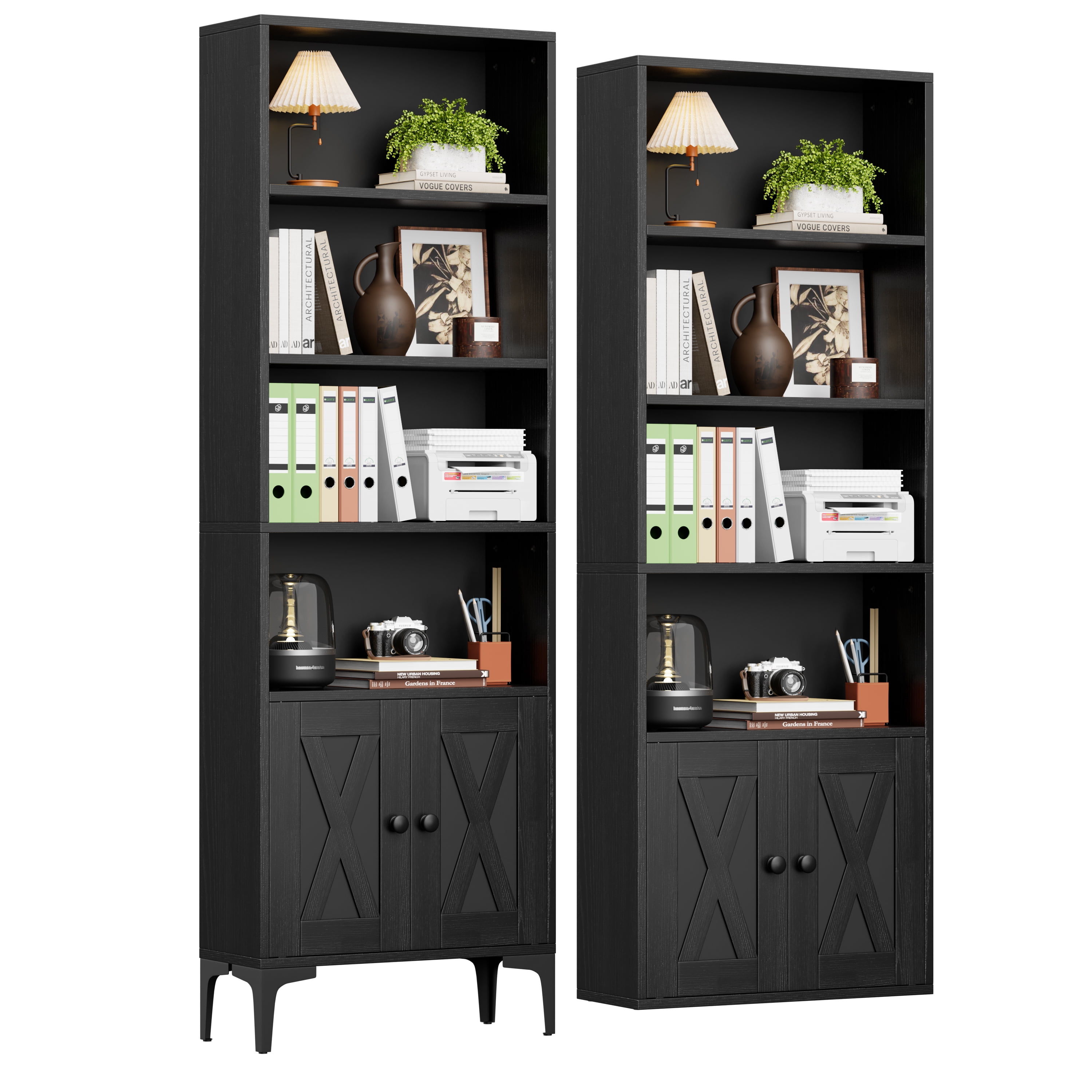 JOZ 5 Shelf Bookcase with Doors in Black Adjustable Feet Floor