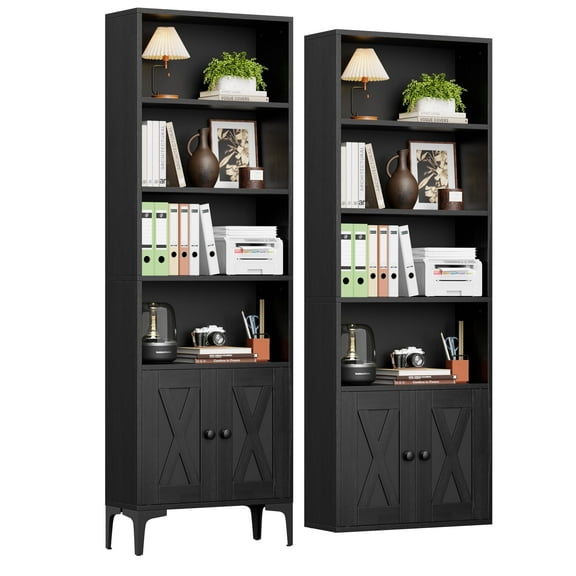 JOZ 5-Shelf Bookcase with Doors, Adjustable feet, Floor Standing Storage Cabinet for Home Office, Black