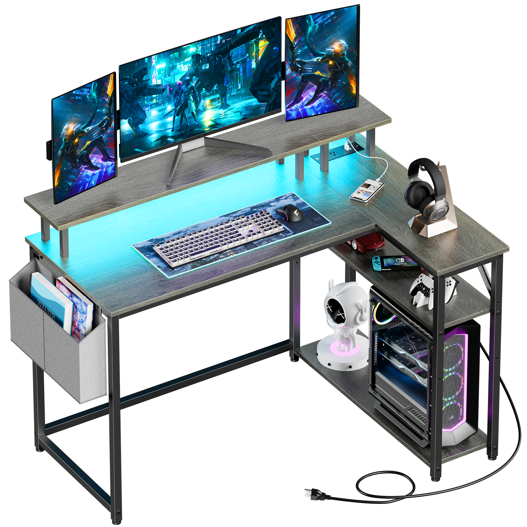 Mr IRONSTONE L-Shaped Desk with Power Outlets, LED Lights, and Monitor Stand, 47-inch Corner Desk for Home Office, Dark Gray