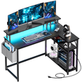 thumbnail image 1 of Mr IRONSTONE L-Shaped Office Desk with Power Outlets & LED Lights, 47" Computer Desk with Monitor Stand, Black, 1 of 9