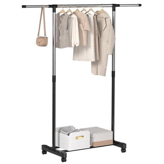 Mr IRONSTONE Extendable Clothes Rack, Adjustable Rolling Garment Rack with Lockable Wheels, Tool-Free Assembly Hanging Rod for Laundry, Chrome White