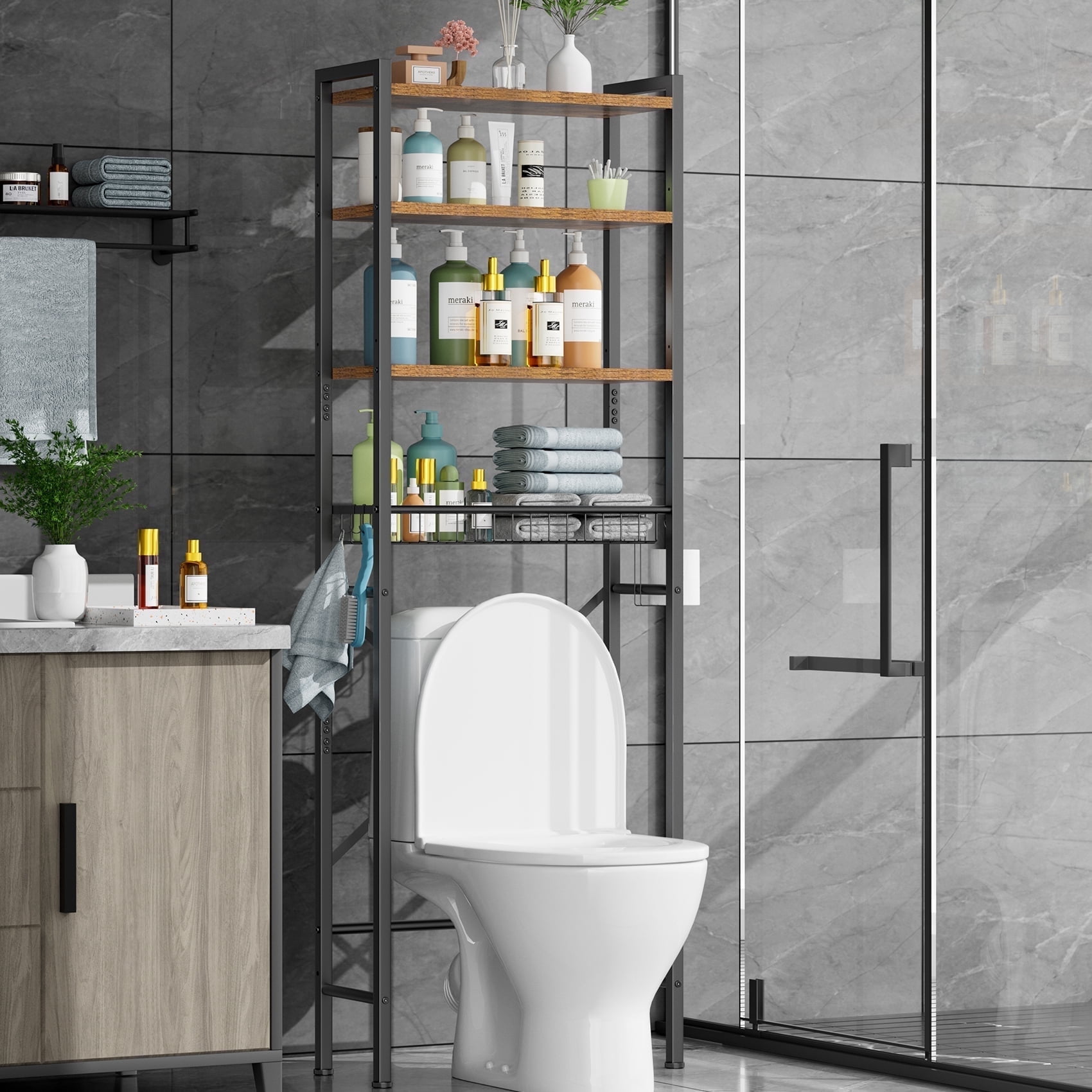 Mr IRONSTONE Over the Toilet Storage 4 Tier Bathroom Space Saver Rack, Wooden Freestanding Organizer with Toilet Paper Holder, Vintage Brown