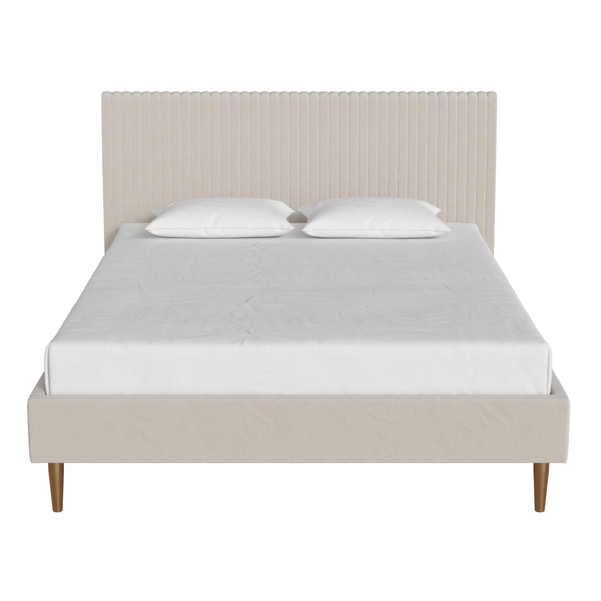 Ivory Velvet Full Upholstered Bed with Tufted Headboard and Slats