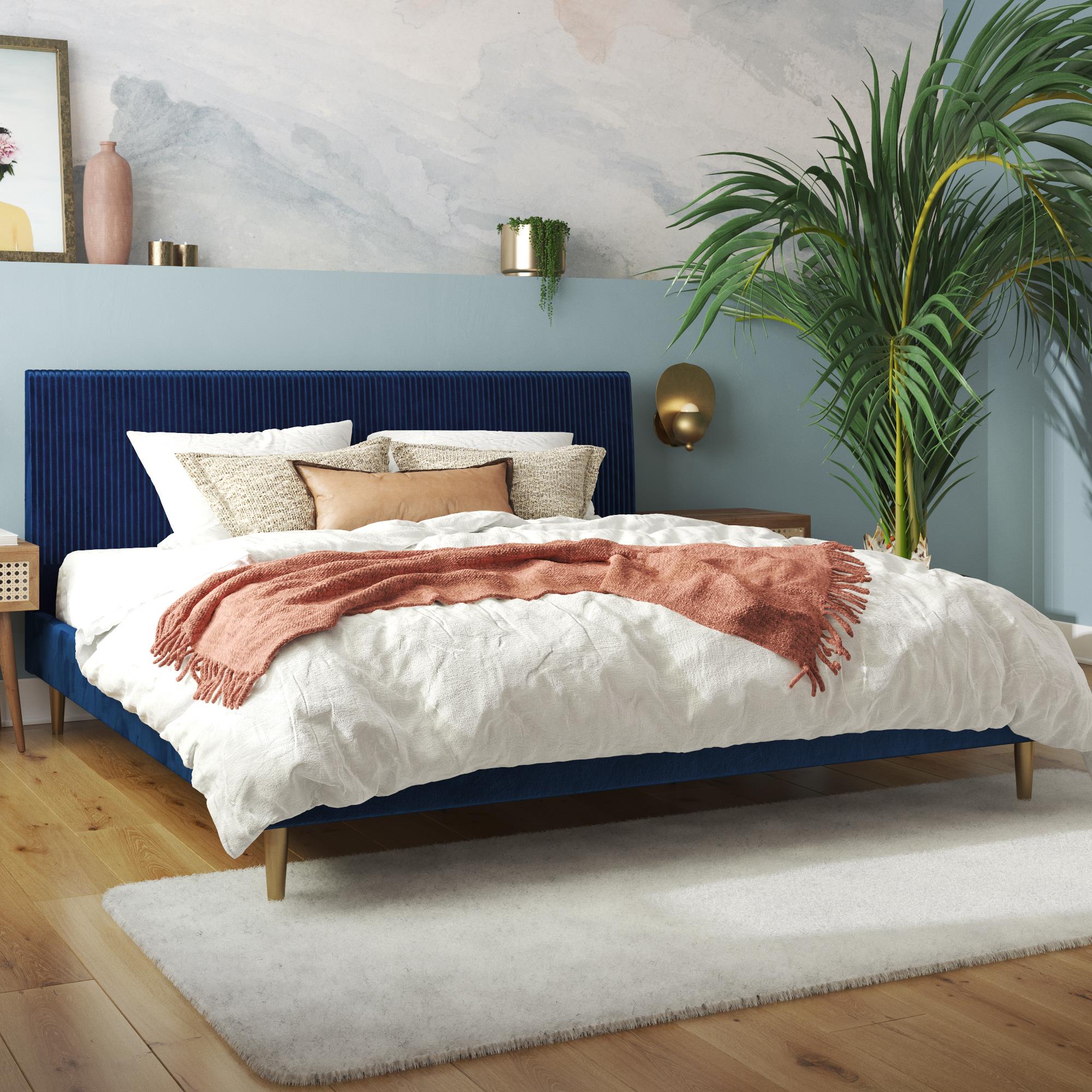 Mr. Kate Daphne Upholstered Bed with Headboard and Modern Platform Frame, King, Blue Velvet