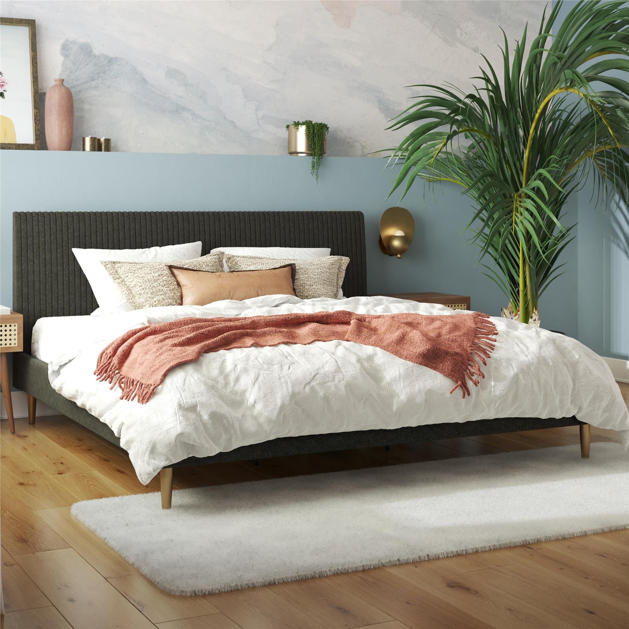 Serene Luxe King-Size Dark Gray Linen Upholstered Bed with Tufted Headboard