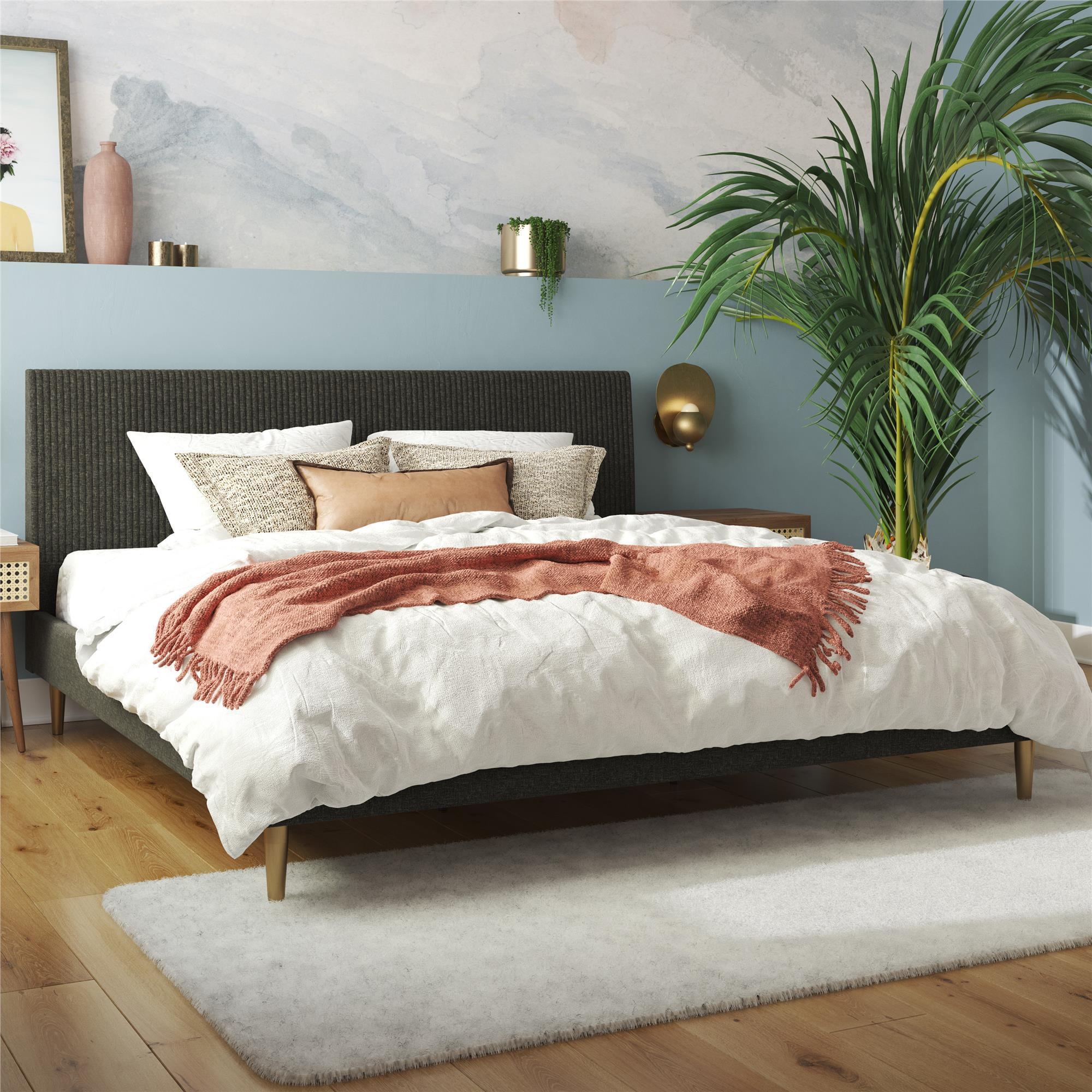 Serene Luxe King-Size Dark Gray Linen Upholstered Bed with Tufted Headboard