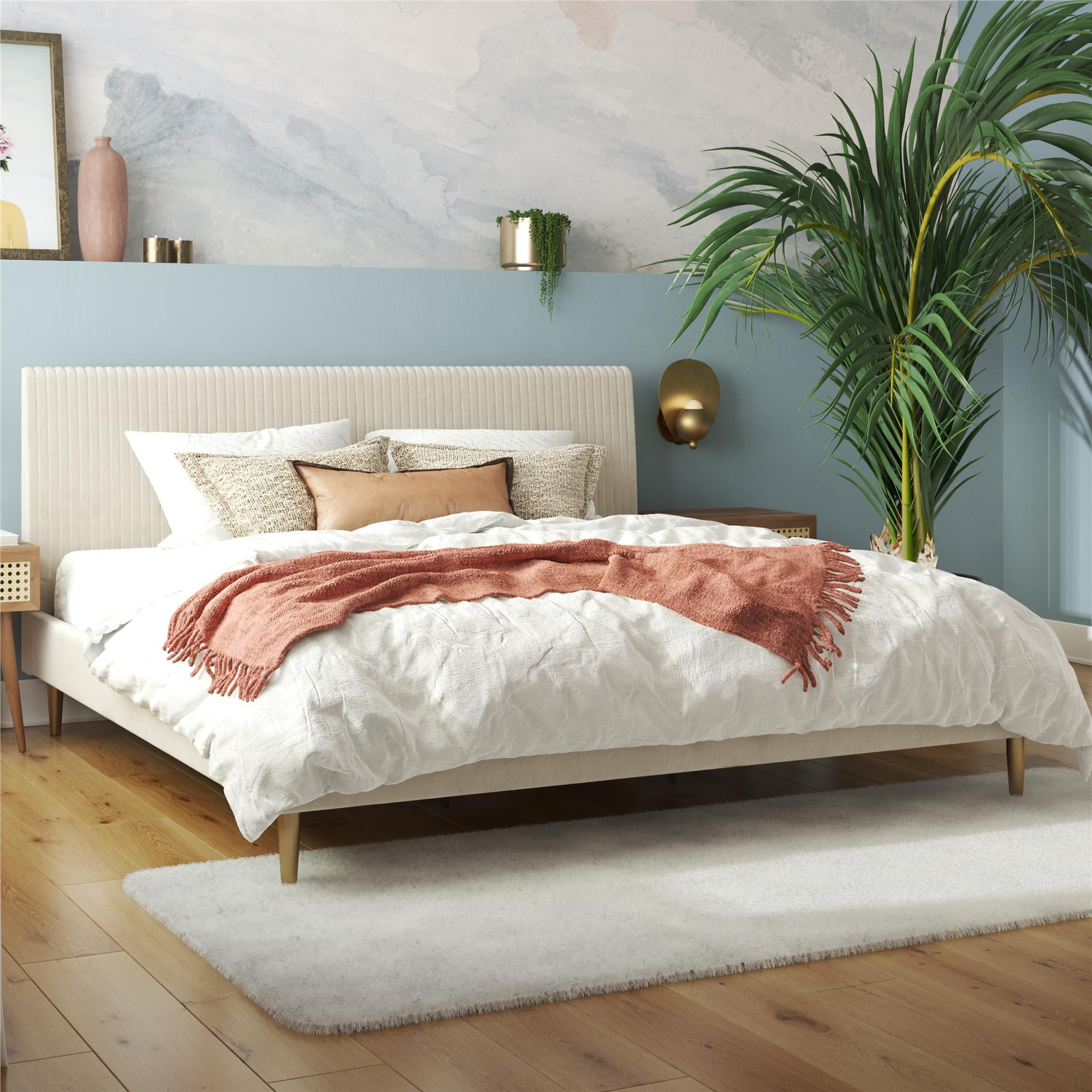Ivory Velvet King Upholstered Bed with Tufted Headboard