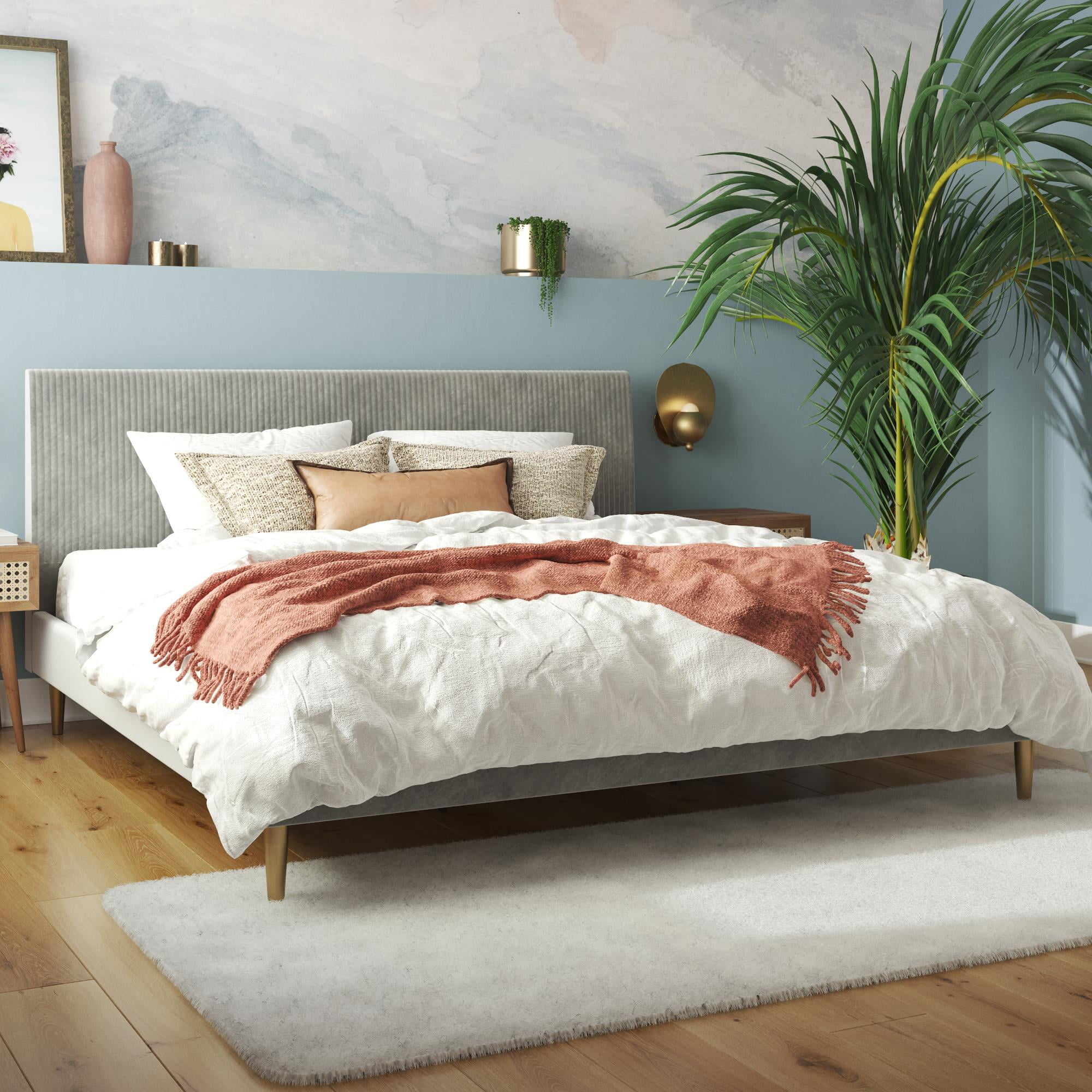 Daphne King-Sized Light Gray Velvet Upholstered Bed with Tufted Headboard