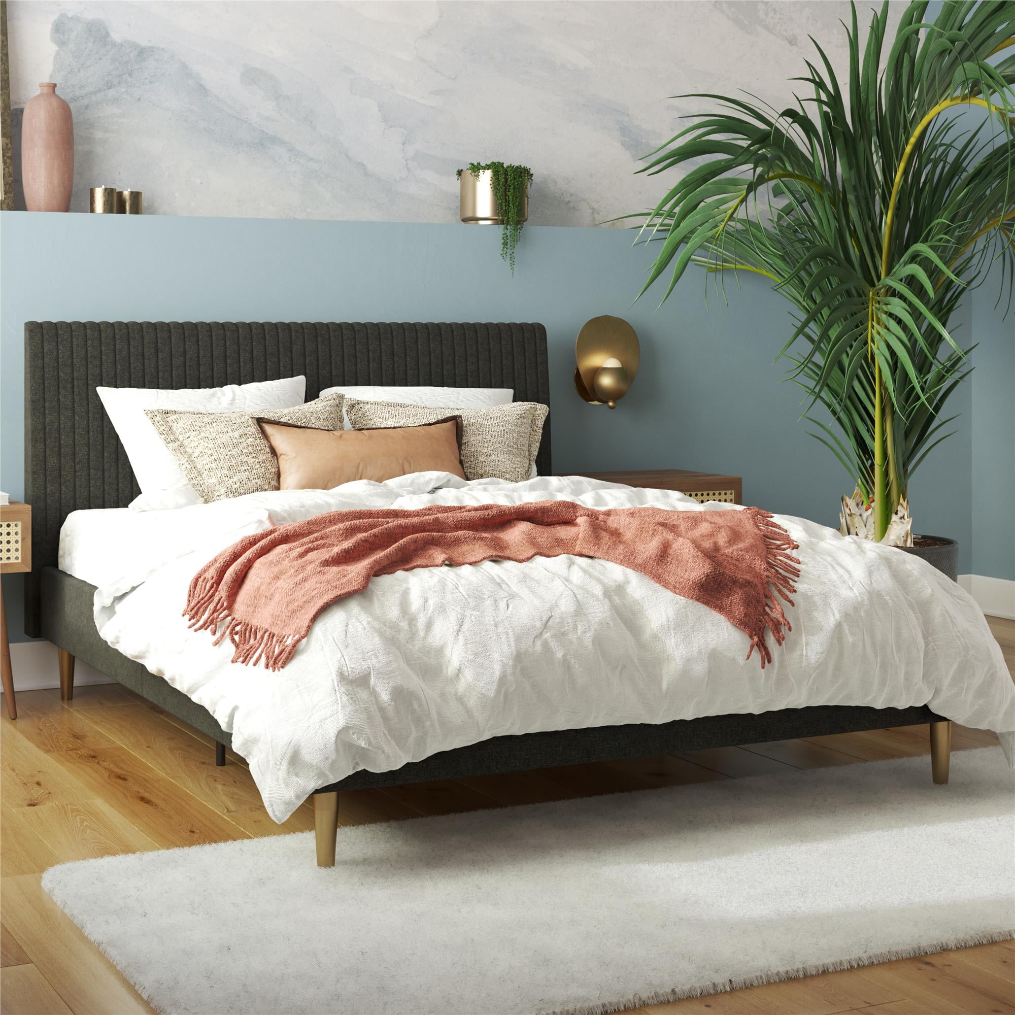 Daphne Dark Gray Linen Queen Upholstered Platform Bed with Brass Legs