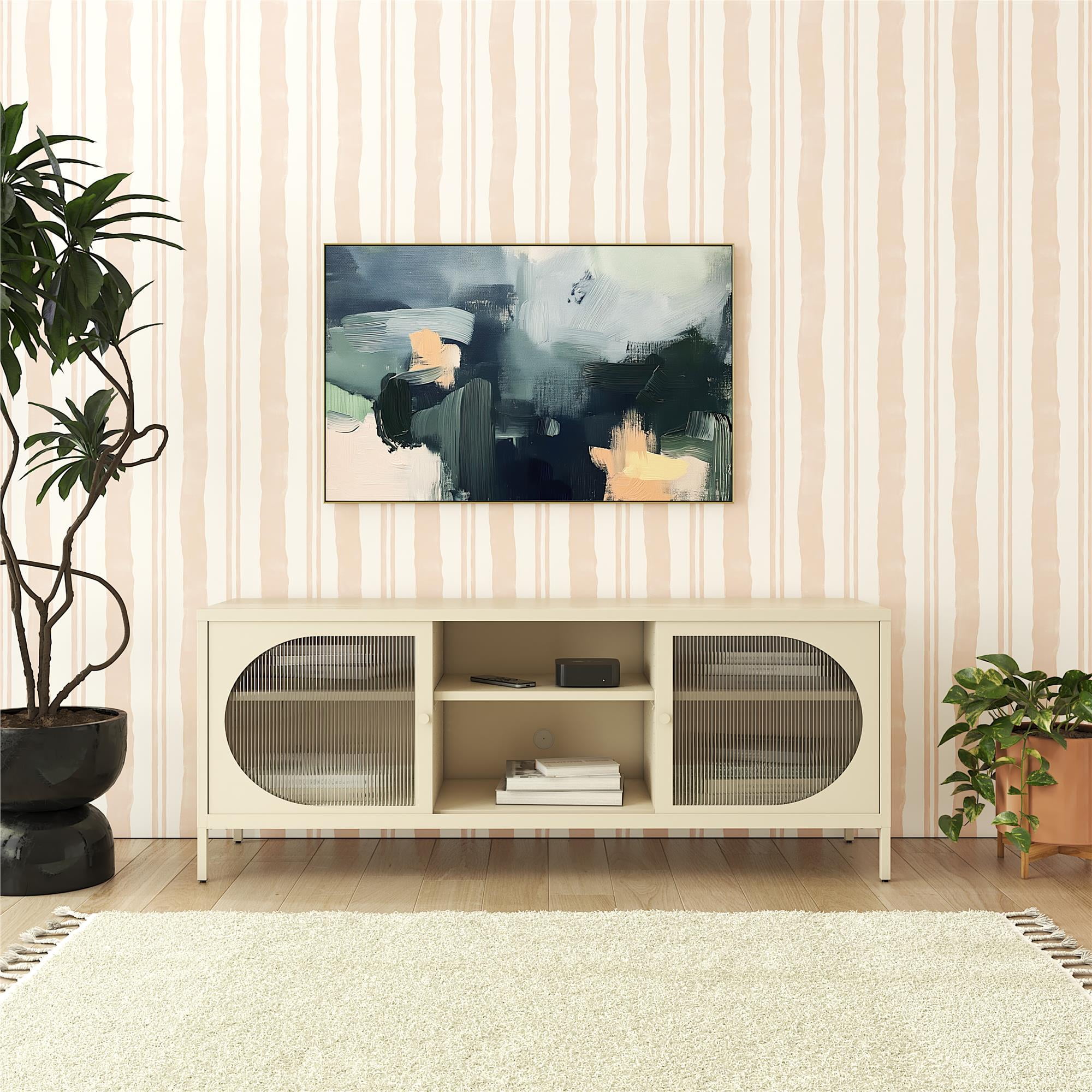 Parchment Metal TV Stand with Fluted Glass Doors, 60"