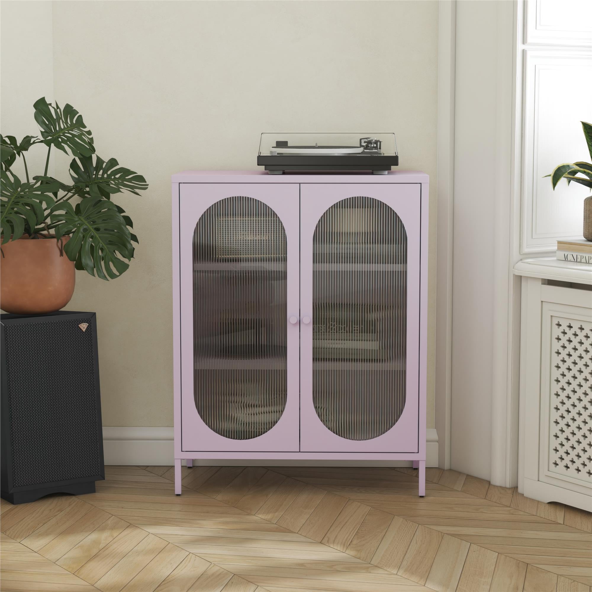 Lilac Metal Short Accent Cabinet with Fluted Glass Doors