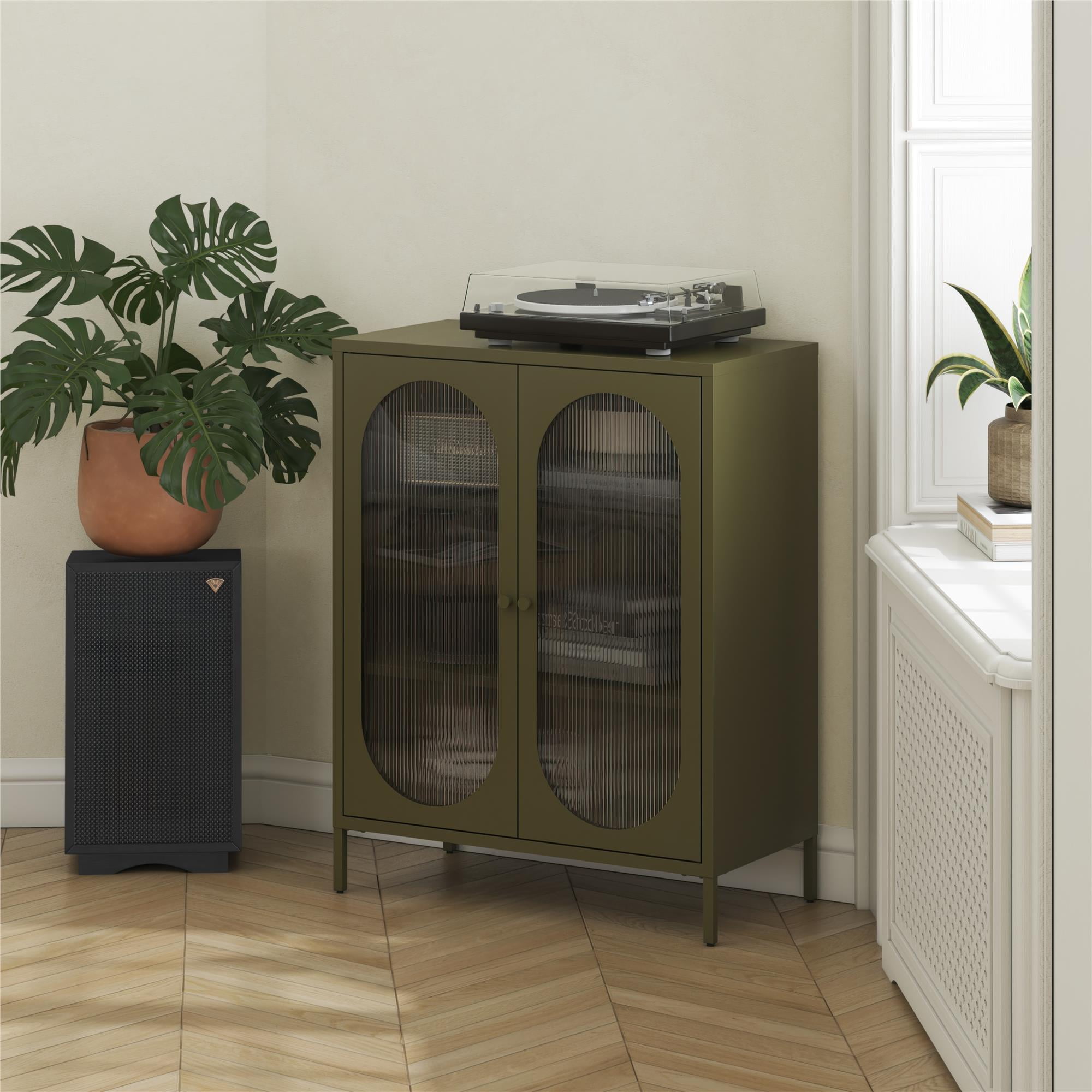 Mr. Kate Luna Short 2-Door Metal Accent Cabinet with Fluted Glass, Olive Green