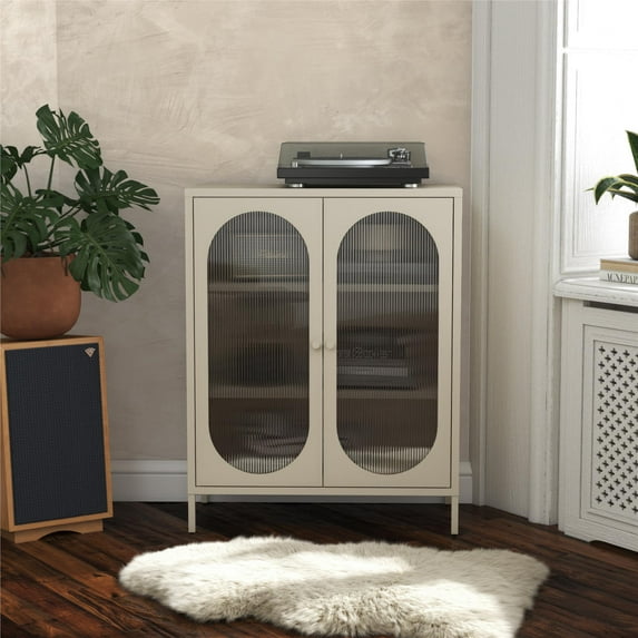 Mr. Kate Luna Short 2-Door Metal Accent Cabinet with Fluted Glass, Parchment
