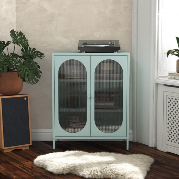 Mr. Kate Luna Short 2-Door Metal Accent Cabinet with Fluted Glass, Sky Blue
