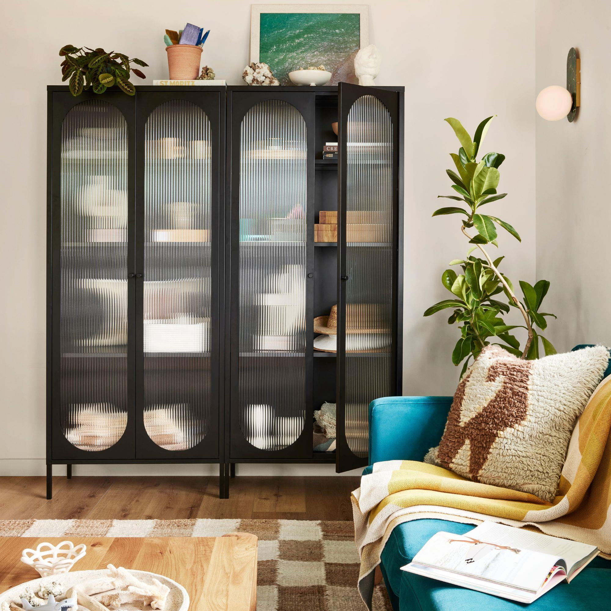 Lilac Tall Metal Accent Cabinet with Fluted Glass Doors