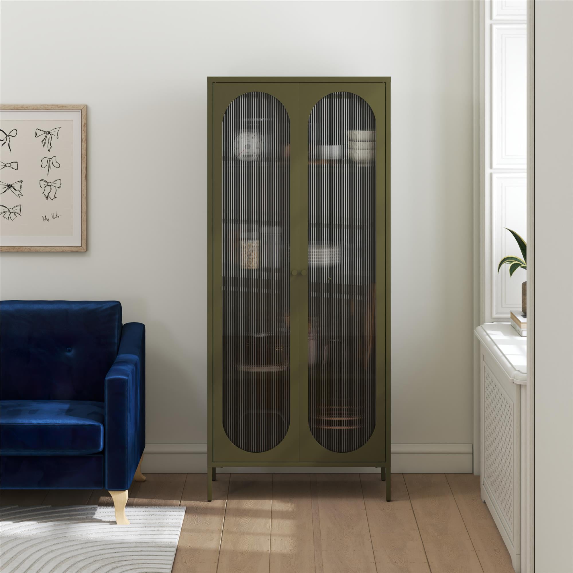 Olive Green Tall Metal Cabinet with Fluted Glass Doors