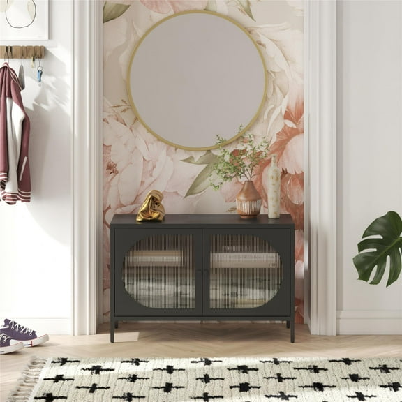 Mr. Kate Luna Wide 2-Door Accent Cabinet with Fluted Glass, Black