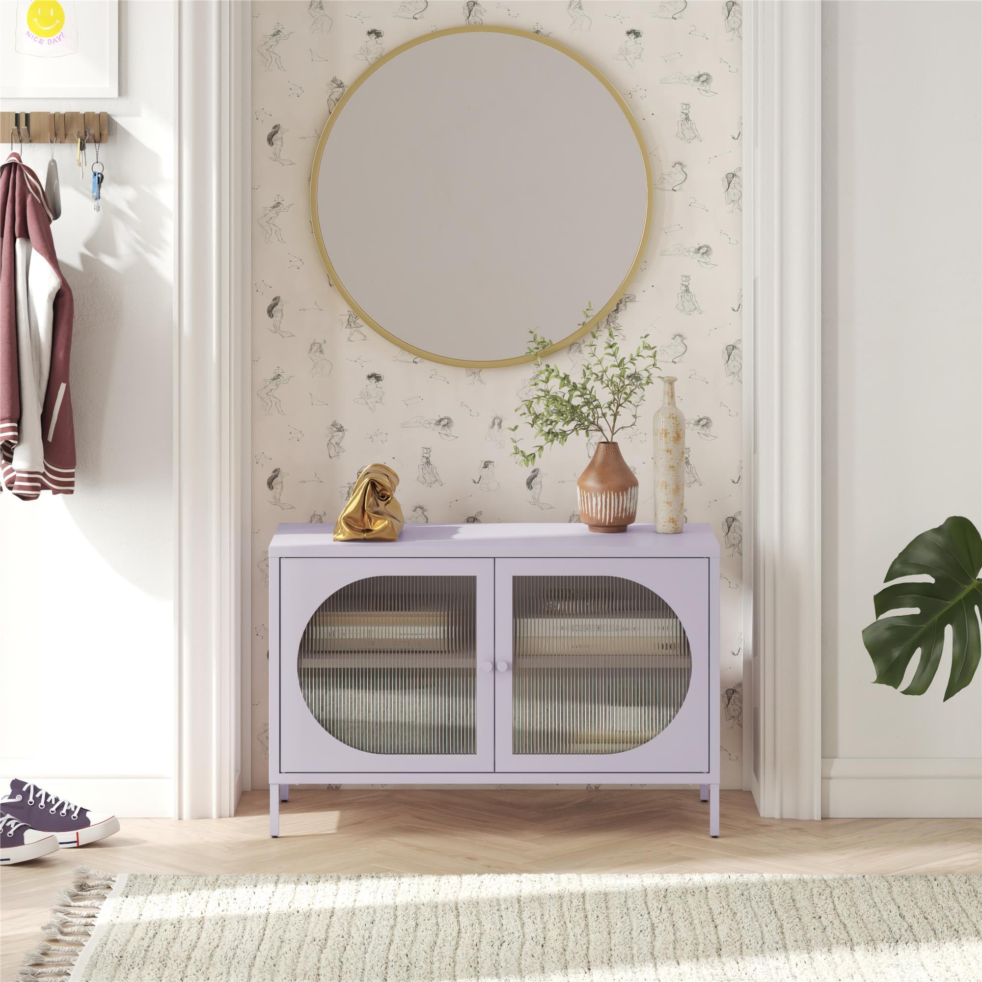 Lilac Metal Accent Cabinet with Fluted Glass Doors