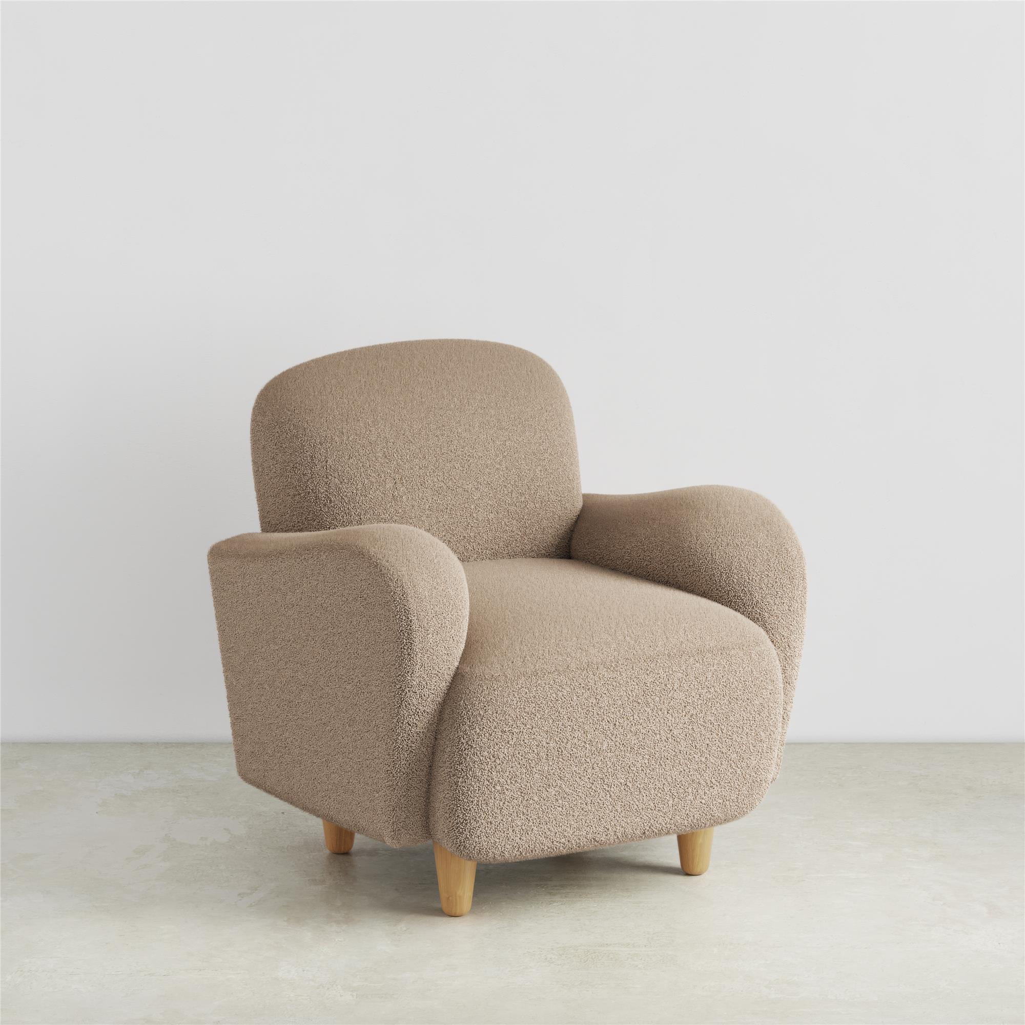 Brown Teddy Fabric Upholstered Accent Chair with Wood Legs