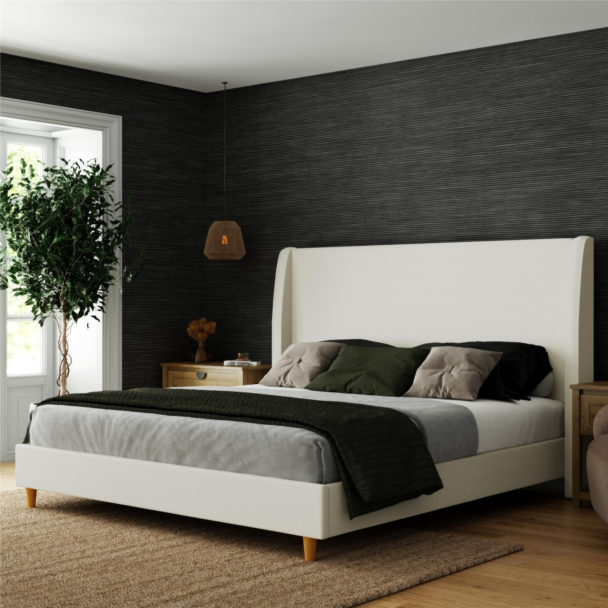 Mr. Kate Tess Upholstered Wingback Bed Frame, King, Ivory Linen