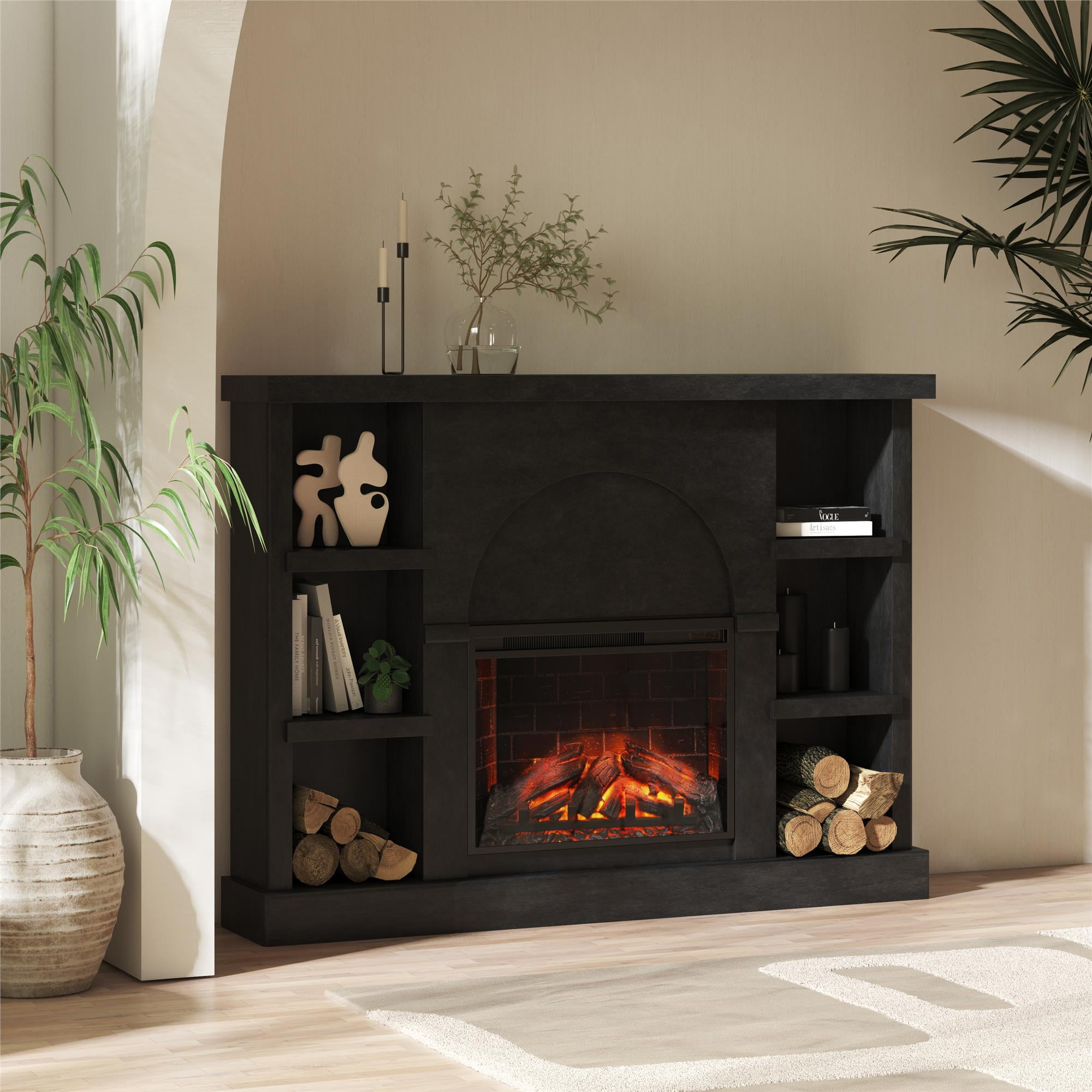Mr. Kate Winston Fireplace Mantel with Built-in Bookshelves, Faux Black Plaster