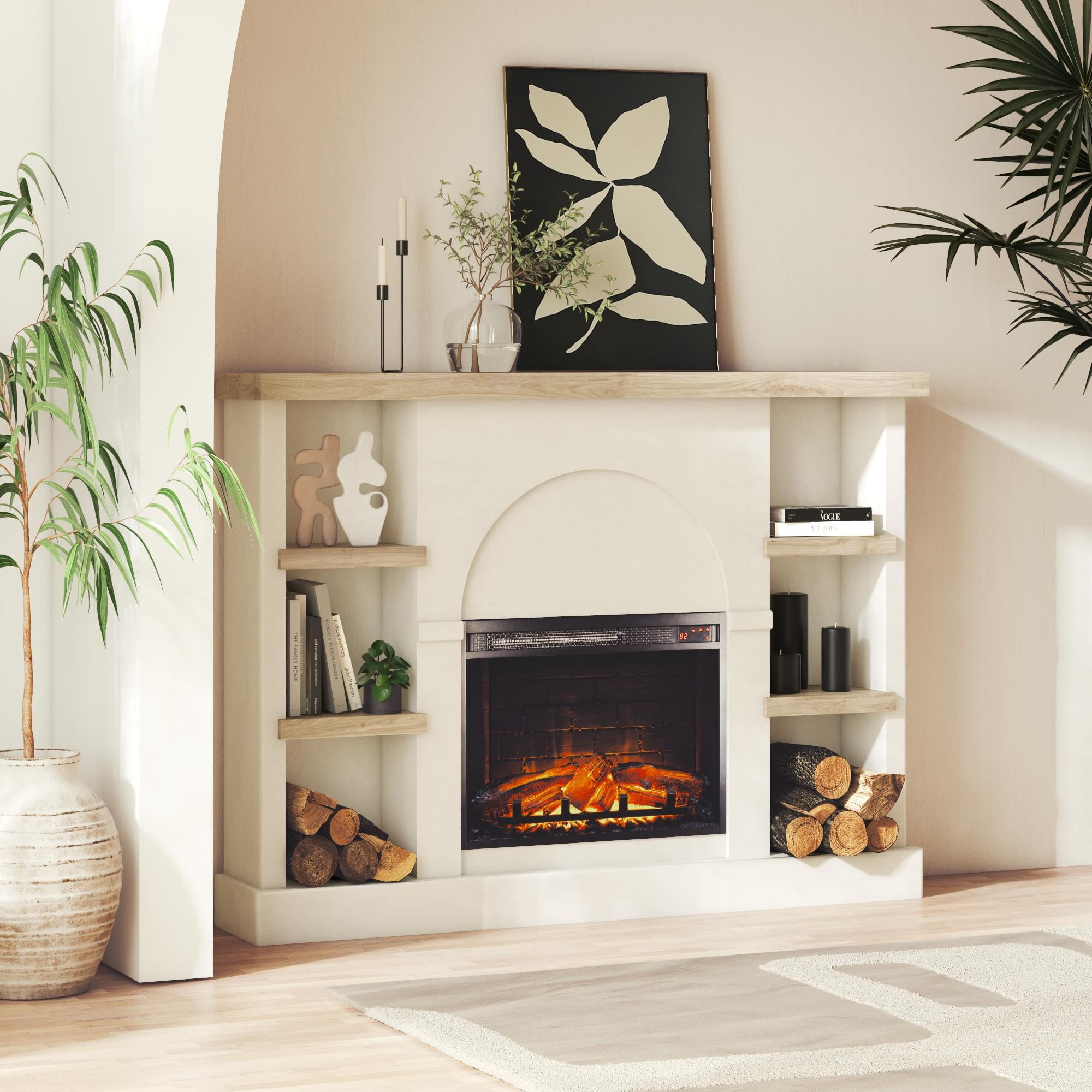 Plaster and Light Walnut Electric Fireplace Mantel with Built-in Bookshelves