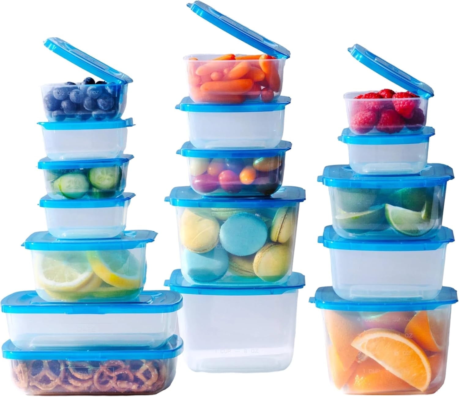 Blue and Clear BPA-Free Plastic Food Storage Containers with Attached Lids, 17 Pack