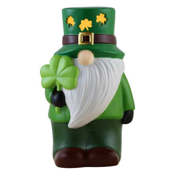 Mr. Lucky 10" St. Patrick's Day Decorative Ceramic Gnome, LED Illuminated