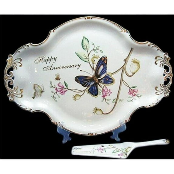 Mr. MJs HO-TR141-HV Happy Anniversary Butterflies on Branches Cake Server & Cake Platter