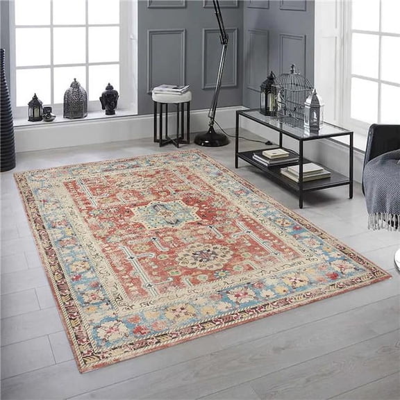 Mr. MJs Trading 27 in. x 45 in. Medallion Orange & Blue Distressed Pattern Washable Rectangle Area Rug