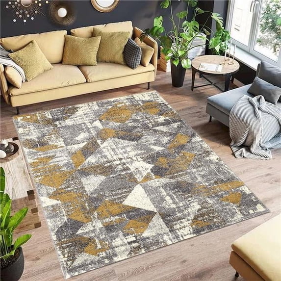 Mr. MJs Trading 5 ft. 3 x 7 ft. 6 in. Sueno Gray - White & Ochre Distressed Geometric Rectangle Area Rug