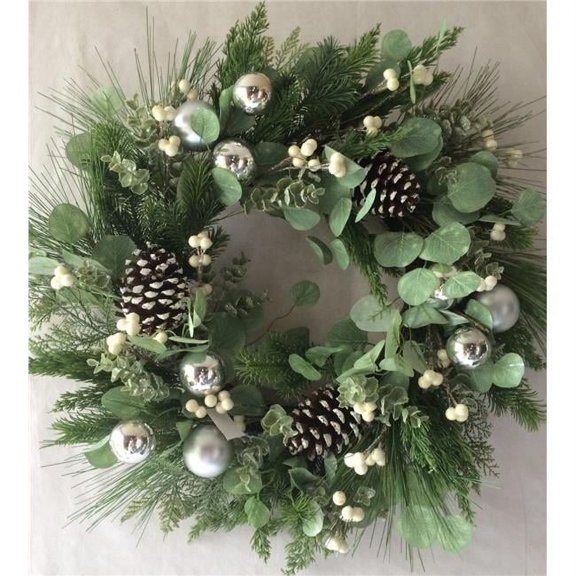 Mr. MJs Trading AI-FL7065 Frosted Greens with Pine Cones Berries & Silver Balls Wreath