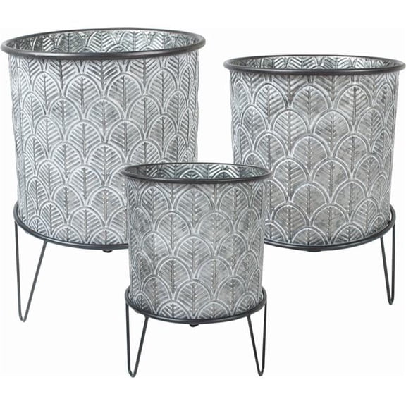 Mr. MJs Trading AI-GG9403 Silver, White Washed Patterned Buckets on Metal Legs Planters, Set of 3