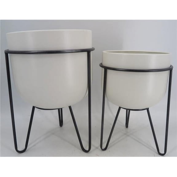 Mr. MJs Trading AI-GG9476 White Metal Containers on Black Frames Planters, Set of 2