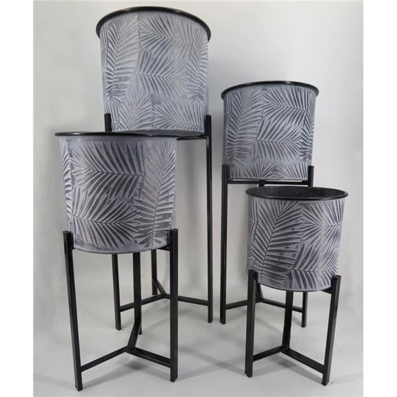Mr. MJs Trading AI-GG9478 Silver, White Washed Leaf Patterned Buckets on Metal Legs Planters, Set of 4