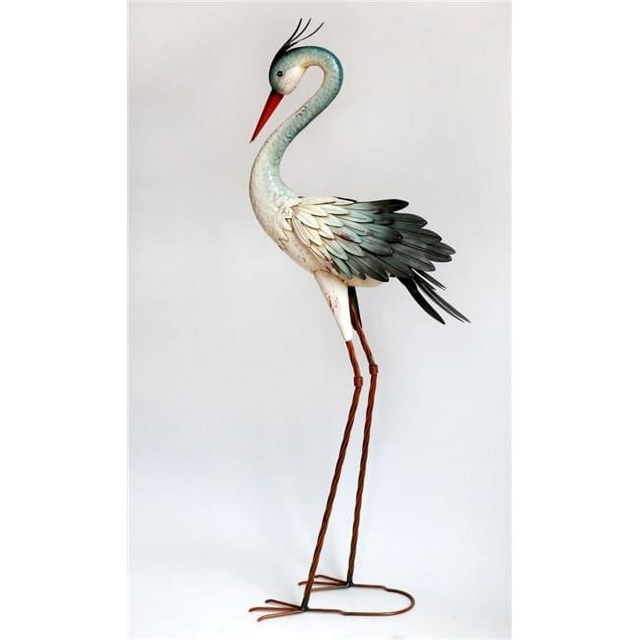 White and Black Metal Heron Garden Statue with Red Beak