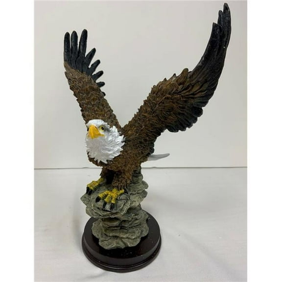 Mr. MJs Trading HO-M3-2244 Eagle Landing on a Rock with Wooden Base Figurine - Brown, Black & White