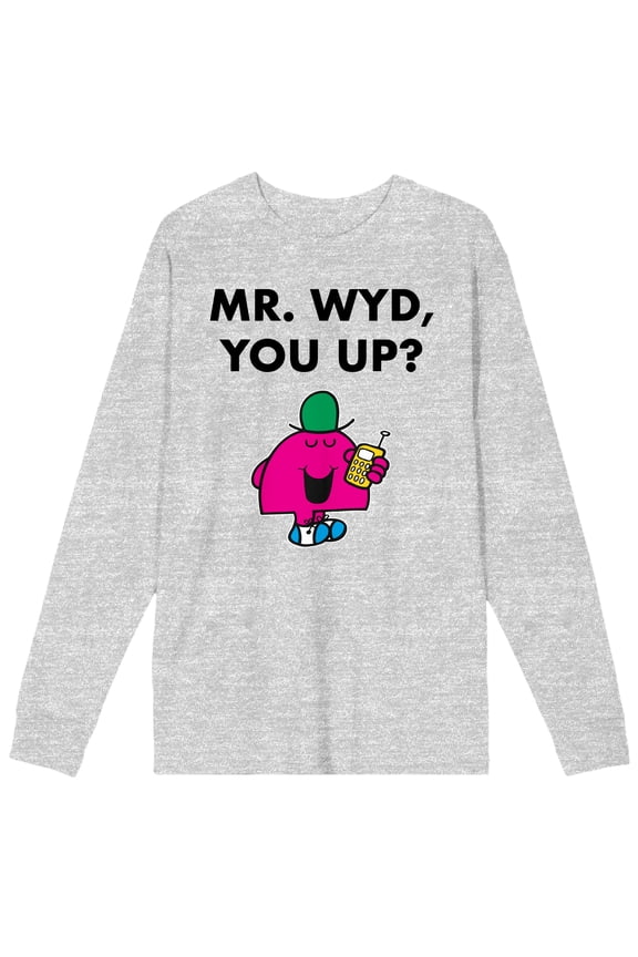 Mr. Men And Little Miss Meme Mr. WYD You Up Crew Neck Long Sleeve Athletic Heather Adult Tee-Medium