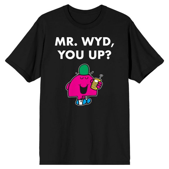 Mr. Men And Little Miss Meme Mr. Wyd You Up Crew Neck Short Sleeve Men's Black T-shirt-Large