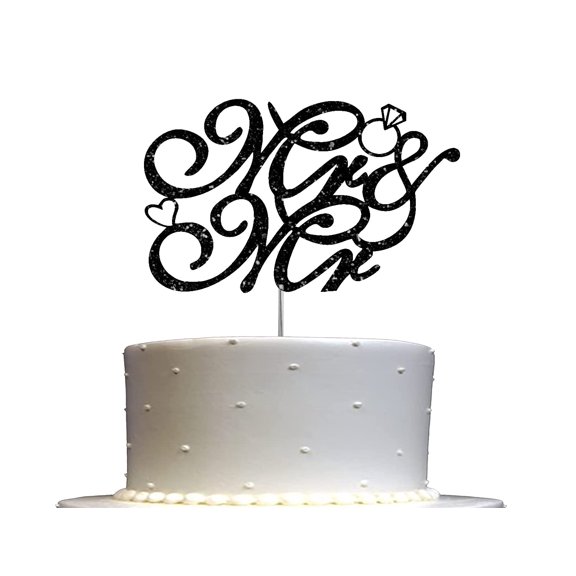 Mr & Mr Black Glitter Cake Topper, Wedding Party Decorations Ideas, Anniversary, Sturdy Doubled Sided Glitter, Acrylic Stick. Made in USA